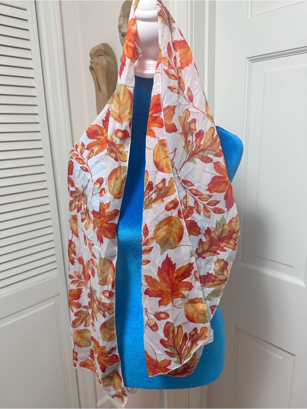 Scarf Autumn Leaf Print in White, Orange & Yellow